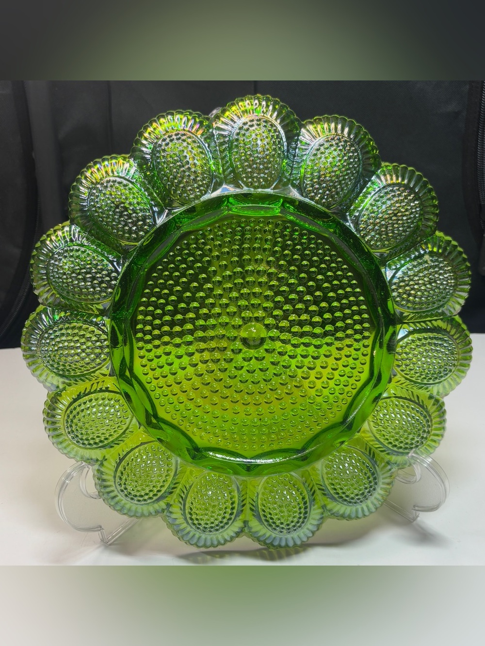 Indiana Glass Iridescent Green Carnival Hobnail Thousand Eye Egg Plate - Picture 3 of 12
